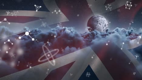 Animation-of-molecular-structures-over-waving-uk-flag-against-darks-clouds-and-moon-in-night-sky