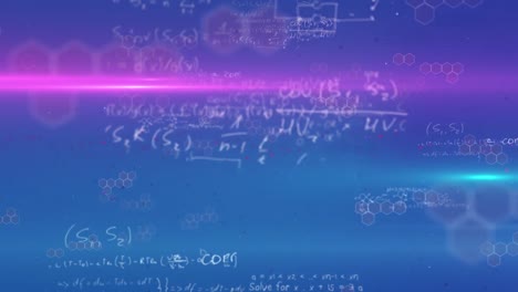 Animation-of-light-trails-and-mathematical-equations-on-blue-background