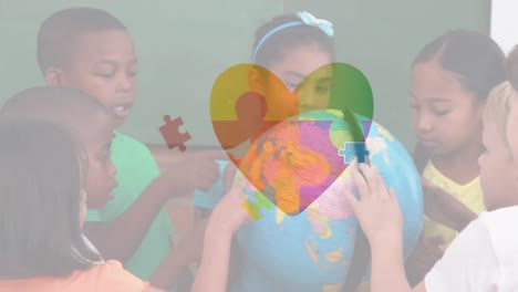 Animation-of-puzzle-pieces-with-heart-icon-over-diverse-schoolchildren