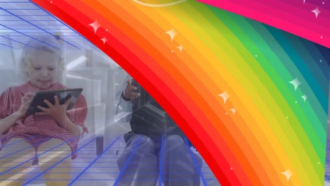 Animation-of-rainbow,-wow-and-digital-space-over-caucasian-girl-with-tablet