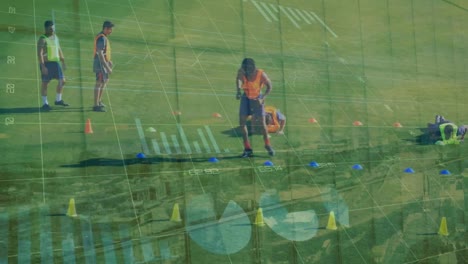Animation-of-data-processing-over-diverse-male-soccer-players-exercising