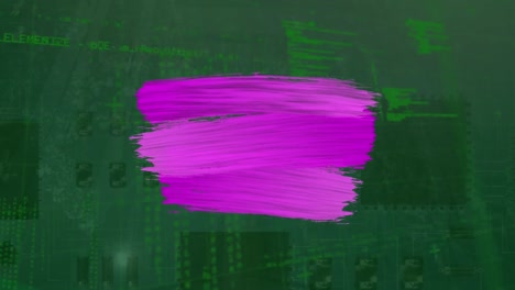 Animation-of-pink-brush-paint-lines-over-data-processing-and-servers
