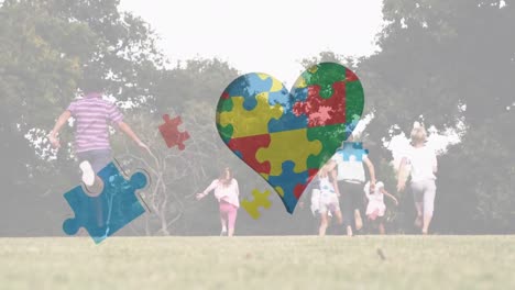 Animation-of-puzzle-pieces-with-heart-icon-over-diverse-schoolchildren