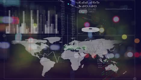 Animation-of-world-map,-diverse-data-and-graphs-processing-over-blurred-night-road-traffic