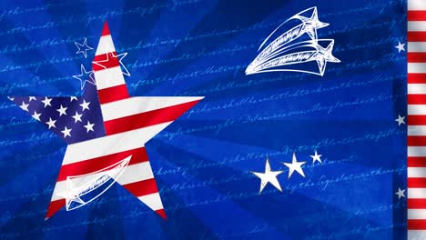 Animation-of-star-with-usa-flag-over-blue-background-with-writings