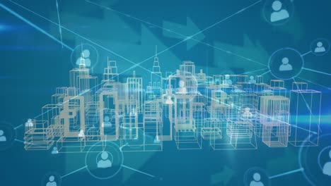 Animation-of-network-of-connections-with-icons-and-arrows-over-3d-cityscape-on-blue-background