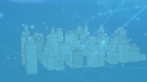 Animation-of-network-of-connections-with-spots-over-3d-cityscape-on-blue-background