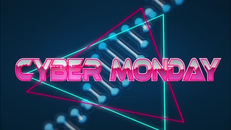 Animation-of-cyber-monday-over-dna,-digital-space-with-neon-lights-and-shapes