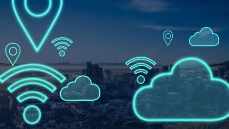 Animation-of-digital-clouds-and-online-icons-flying-over-cityscape