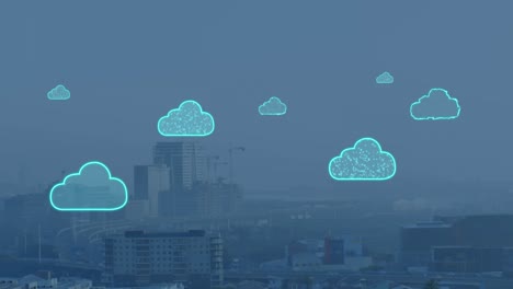 Animación-De-Nubes-Digitales-Volando-Sobre-El-Paisaje-Urbano
