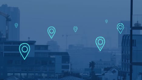 Animation-of-digital-location-icons-flying-over-cityscape