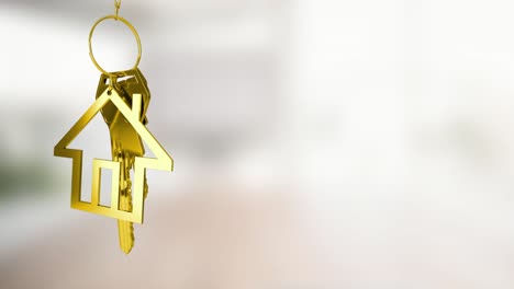Animation-of-gold-house-key-fob-and-key-dangling-over-out-of-focus-interiors-with-copy-space