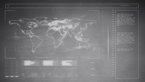Animation-of-world-map-and-data-processing-on-grey-background