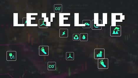 Animation-of-level-up-text-over-green-eco-icons-on-black-background