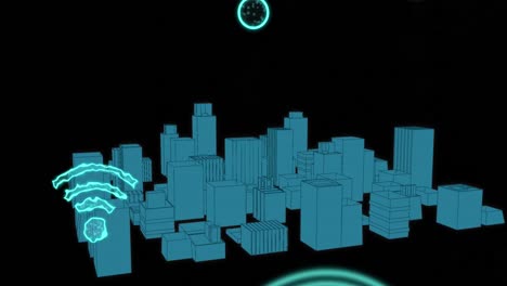 Animation-Digitaler-WLAN-Symbole,-Die-über-Das-Stadtbild-Fliegen