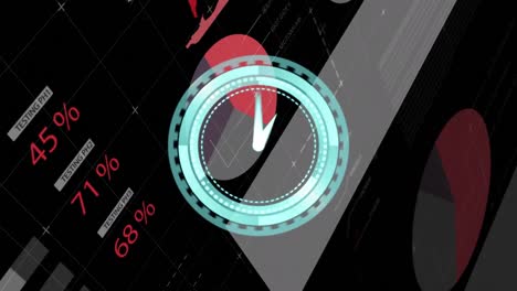 Animation-of-clock-over-graphs-and-data-over-black-background