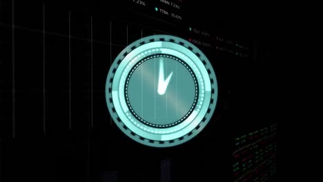 Animation-of-clock-over-data-and-graphs-over-black-background