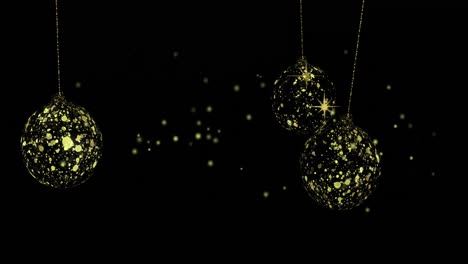Animation-of-dots-floating-over-golden-baubles-on-black-background