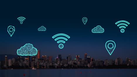 Animation-Digitaler-Wolken-Und-Symbole,-Die-über-Das-Stadtbild-Fliegen