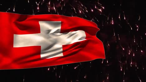 Animation-Der-Flagge-Der-Schweiz-über-Feuerwerk-Auf-Schwarzem-Hintergrund