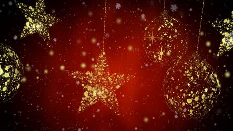 Animation-of-dots-over-golden-stars-and-baubles-on-red-background