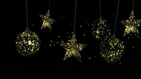 Animation-of-dots-over-golden-stars-and-baubles-on-black-background