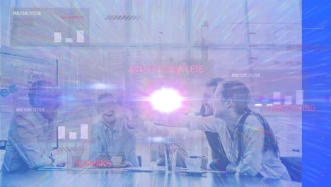 Animation-of-light-trails-and-data-processing-over-diverse-business-people-at-office