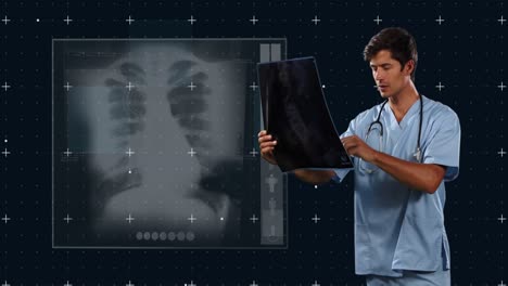 Animation-Eines-Kaukasischen-Männlichen-Arztes-Mit-Röntgenfoto-Und-Röntgenfoto-Auf-Schwarzem-Hintergrund