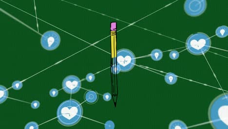 Animation-Des-Netzwerks-Von-Verbindungen-Mit-Symbolen-über-Bleistiftsymbol-Auf-Grünem-Hintergrund