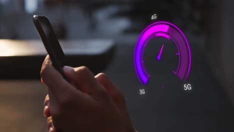 Animation-of-purple-speedometer-over-hands-of-caucasian-man-using-smartphone