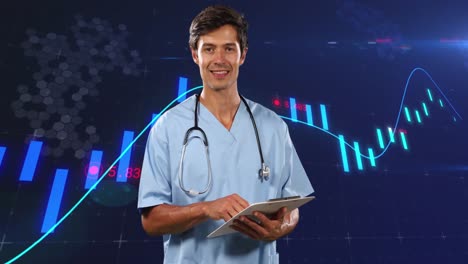 Animation-of-financial-data-and-graphs-over-caucasian-male-doctor