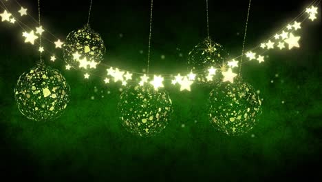 Animation-of-light-chain-and-golden-baubles-on-green-background