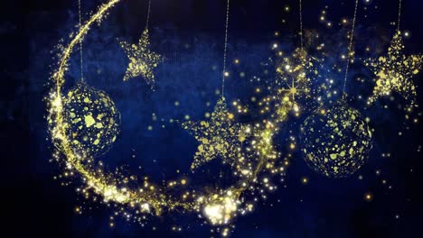 Animation-of-shooting-star-over-golden-stars-and-baubles-on-black-and-blue-background