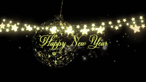 Animation-of-stars-and-happy-new-year-over-golden-bauble-on-black-background