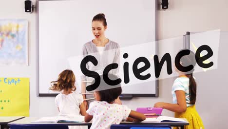 Animation-of-science-over-happy-caucasian-female-teacher-and-diverse-pupils