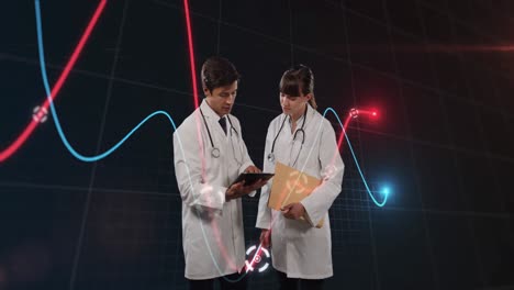 Animation-of-financial-graphs-over-caucasian-female-and-male-doctors