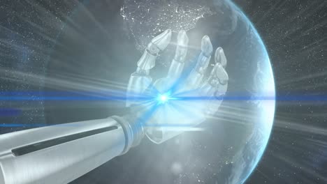 Animation-of-light-trails-over-robotic-hand-and-globe-on-black-background