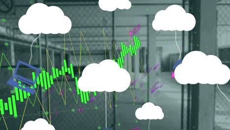 Animation-of-clouds-with-icons-over-data-processing-and-empty-building