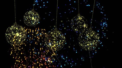 Animation-of-fireworks-over-baubles-star-on-black-background