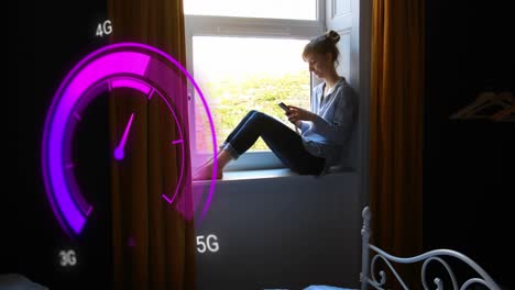 Animation-of-purple-speedometer-over-caucasian-woman-using-smartphone-at-home