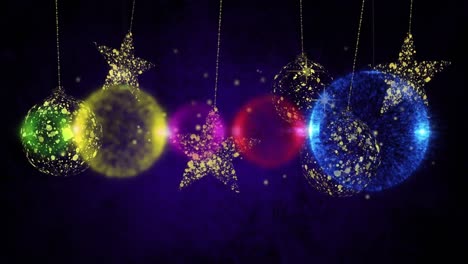 Animation-of-colorful-bubbles-over-stars-and-baubles-on-violet-and-black-background