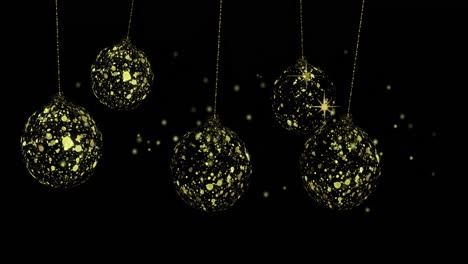 Animation-of-dots-over-golden-baubles-on-black-background