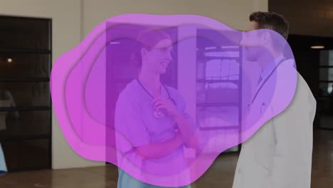 Animation-of-purple-stain-over-caucasian-female-and-male-doctors
