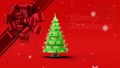 Animación-De-Arco,-Copos-De-Nieve,-Feliz-Navidad-Y-árbol-De-Navidad-Sobre-Fondo-Rojo