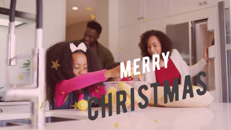 Animation-of-merry-christmas-over-happy-african-american-girl-with-parents-in-kitchen