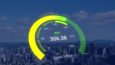 Animation-of-green-speedometer-over-cityscape