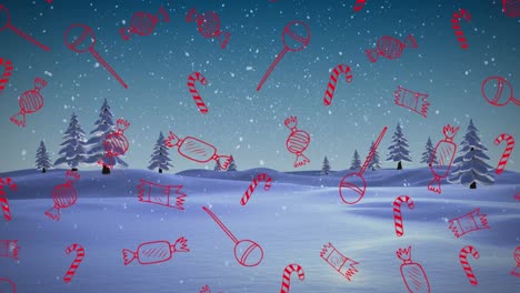 Animation-Von-Süßigkeiten-Symbolen-über-Schneefall-Und-Winterlandschaft