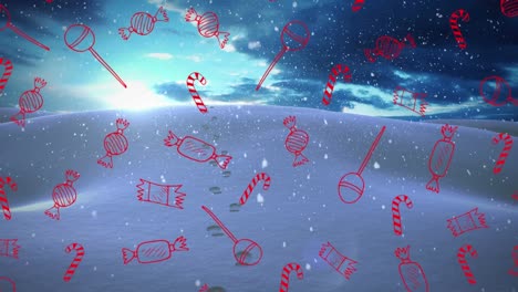 Animation-Von-Süßigkeiten-Symbolen-über-Schneefall-Und-Winterlandschaft