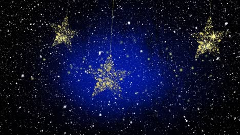 Animation-of-dots-falling-over-golden-stars-on-black-and-blue-background