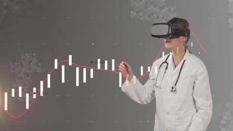 Animation-of-financial-data-and-graphs-over-caucasian-female-doctor-in-vr-headset